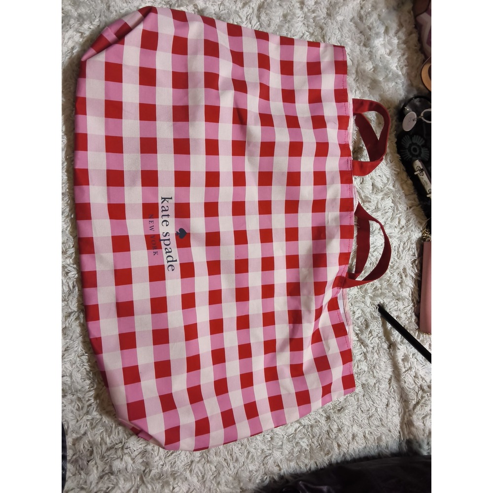 48.Kate Spade New York Gingham Tote Bag Red Pink Check Canvas Shopper Handbag